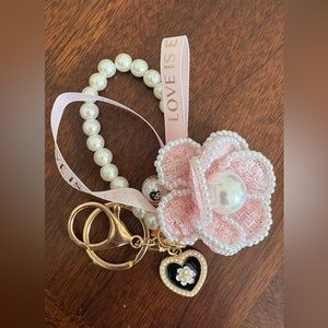 Pink Floral Keychain with Pearls